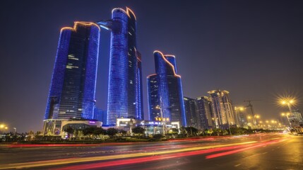 Obraz premium Stunning nighttime cityscape featuring a trio of towering skyscrapers illuminated with striking blue-hued light, showcasing modern, sleek architecture. The tallest building boasts a unique curved top 