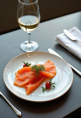An elegant appetizer of delicate smoked salmon garnished with fresh dill, beautifully paired with a crisp glass of white wine for a sophisticated fine dining experience.
