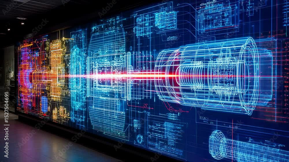Poster complex technical blueprint of a particle accelerator projected on a large screen in a dark room, sh