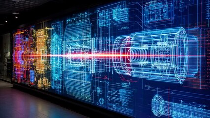 Complex technical blueprint of a particle accelerator projected on a large screen in a dark room, showing a powerful energy beam traversing its core, symbolizing scientific innovation - Powered by Adobe