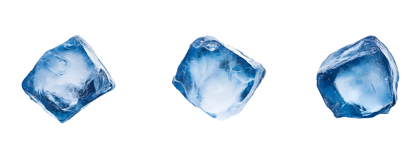 Three isolated ice cubes on a black background, minimalist product shot