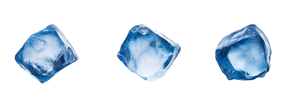 Three isolated ice cubes on a black background, minimalist product shot