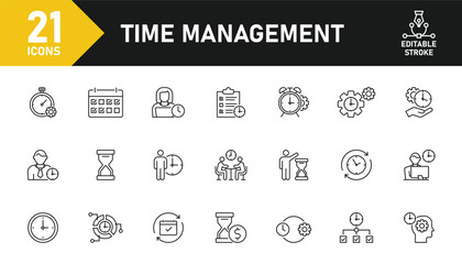 Time Management line icon set. Set of 21 outline icons related to time management, deadline, productivity, schedule, time, calendar and others. Editable stroke. Vector illustration.