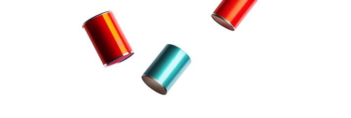 Aesthetic and minimalist product photography of colorful metallic drink cans on black background