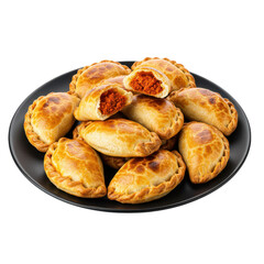 Delicious golden-brown baked pastries filled with spicy meat on a black plate