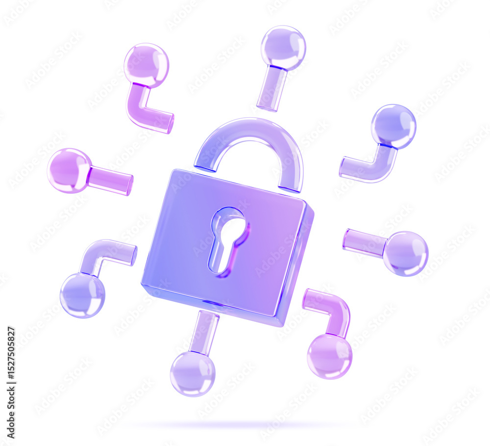 Poster 3d glass holographic cyber security icon. gradient padlock with lines of network connection. digital