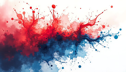 Abstract Watercolor Painting in Red and Blue, Artistic Paint Splash on White Background