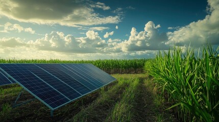 Aerial shot of a sugarcane farm with solar panels, a large water tank, and well-maintained irrigation systems