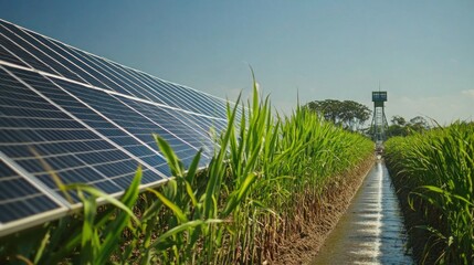 Aerial shot of a sugarcane farm with solar panels, a large water tank, and well-maintained irrigation systems