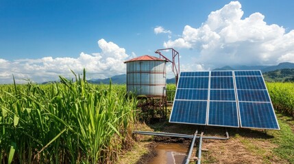 Aerial shot of a sugarcane farm with solar panels, a large water tank, and well-maintained irrigation systems