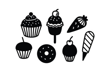 Sweet dessert doodle set with cupcakes donuts and treats vector art illustration