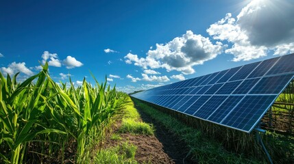 Aerial shot of a sugarcane farm with solar panels, a large water tank, and well-maintained irrigation systems