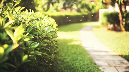 Lush green hedge with hovering mosquitoes, blurred backyard scene - The challenge of balancing privacy and pests in garden greenery