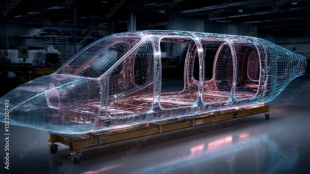 Aufkleber wireframe digital model of futuristic automotive design rotating on advanced assembly line, highligh
