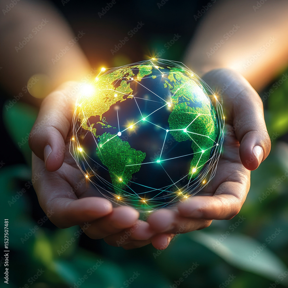 Poster hands holding globe with network connecting data of renewable energy, smart grids, sustainable devel