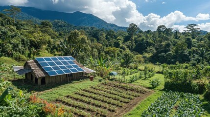 Aerial shot of a sugarcane farm with solar panels, a large water tank, and well-maintained irrigation systems