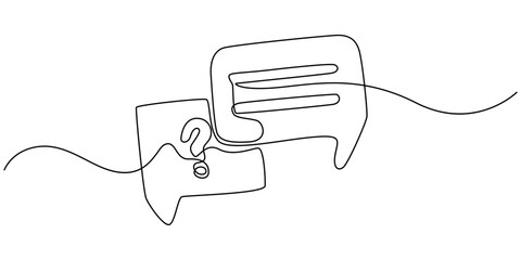Continuous line question mark drawn single black line One line drawing vector illustration, Speech bubbles with question and exclamation mark continuous one line drawing. Chat linear symbol. Dialogue