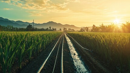 Aerial shot of a sugarcane farm with solar panels, a large water tank, and well-maintained irrigation systems