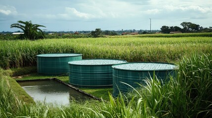 Aerial shot of a sugarcane farm with solar panels, a large water tank, and well-maintained irrigation systems
