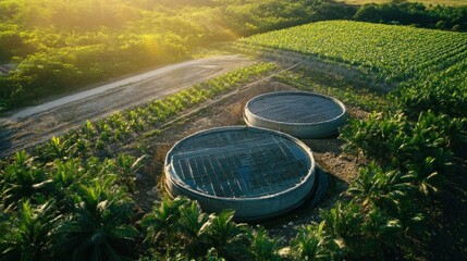 Aerial shot of a sugarcane farm with solar panels, a large water tank, and well-maintained irrigation systems