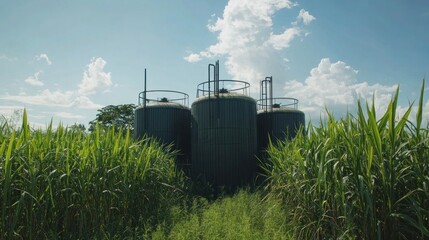 Aerial shot of a sugarcane farm with solar panels, a large water tank, and well-maintained irrigation systems
