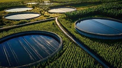 Aerial shot of a sugarcane farm with solar panels, a large water tank, and well-maintained irrigation systems