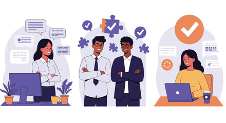 Diverse group of business professionals collaborating in an office setting with speech bubbles indicating communication