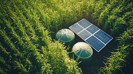 Aerial shot of a sugarcane farm with solar panels, a large water tank, and well-maintained irrigation systems