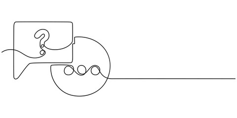 Continuous line question mark drawn single black line One line drawing vector illustration, Speech bubbles with question and exclamation mark continuous one line drawing. Chat linear symbol. Dialogue
