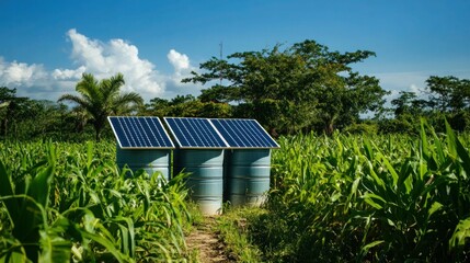 Aerial shot of a sugarcane farm with solar panels, a large water tank, and well-maintained irrigation systems