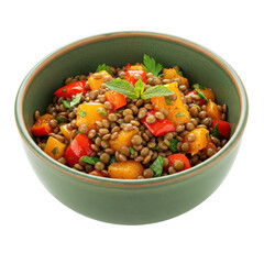 Colorful lentil salad with peppers and mango in a green bowl, fresh herbs on top