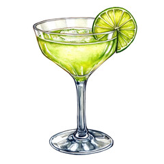 Watercolor Illustration of Margarita Cocktail Glass with Lime Slice Isolated on White Background