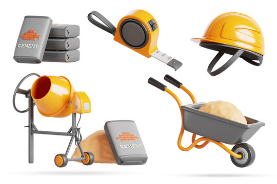 Building materials cartoon 3d render icon set. Concrete mixer, stack of cement bags and bricks, sand pile, wheelbarrow, helmet and tape measure. Construction equipment for repair work. 3D illustration