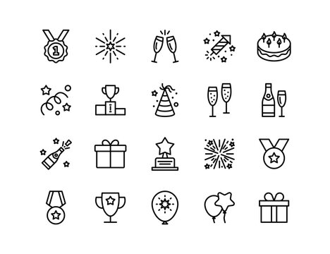 Celebration Vector Icon Set | Adjustable Line Weight | Medal, champagne, fireworks, cake, balloons, trophy, gift box, confetti, award, festivity, achievement, celebration icons