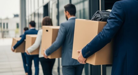 Employees are holding boxes containing their personal belongings, illustrating the concept of corporate layoffs and termination of employment relationships
