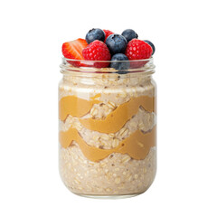 Healthy breakfast jar with layered oats, peanut butter, and fresh berries on a white background