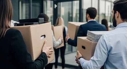 Employees are holding boxes containing their personal belongings, illustrating the concept of corporate layoffs and termination of employment relationships