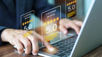 Businessmen's hands interact with a laptop, with holographic displays of 