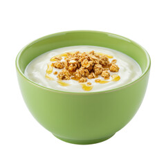 Creamy yogurt topped with crunchy granola and drizzled with honey in a green bowl