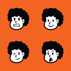 Cartoon afro boy character set with four different facial expressions: happy, angry, silly, and sad. Vector illustration on orange background, perfect for emoji or sticker pack