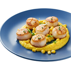 Grilled scallops served on creamy corn puree with fresh herbs in a vibrant setting