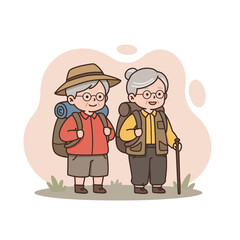 Elderly couple on hiking trip smiling with backpacks in nature  