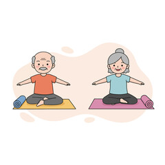 Elderly couple practicing yoga on mats with joyful expressions  