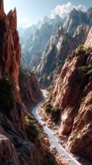 Naklejka premium Scenic river winding through rugged mountains under a clear sky with vibrant natural colors