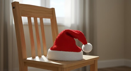 Fototapeta premium Santa hat resting on wooden chair in cozy indoor setting 