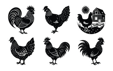 Chickens silhouette vector bundle on white background