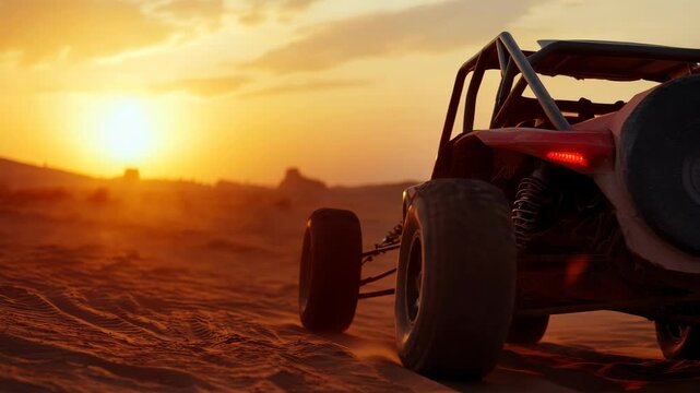 Sunset off-roading in a desert landscape featuring an all-terrain vehicle navigating through muddy terrain with high clearance and off-road tires.