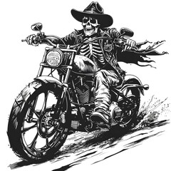 Black and white illustration of a skeleton dressed as a biker riding a motorcycle wea a wide-brimmed hat and flowing cape on a rugged road in a dynamic pose