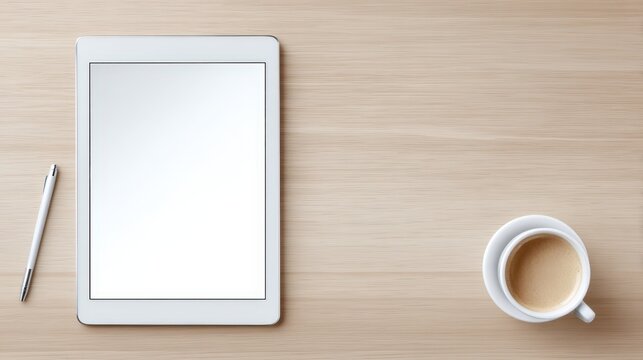 Blank tablet mock up on wooden desk with a pen and a cup of coffee, showcasing a minimalist workspace ideal for digital design and creative projects with copy space for text overlay