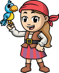 Pirate Girl Holding Parrot Vector Image
